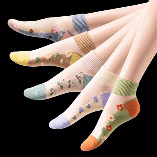 Socks for women ins short tube crystal socks glass silk stockings embroidered silk boat stockings ultra-thin and transparent