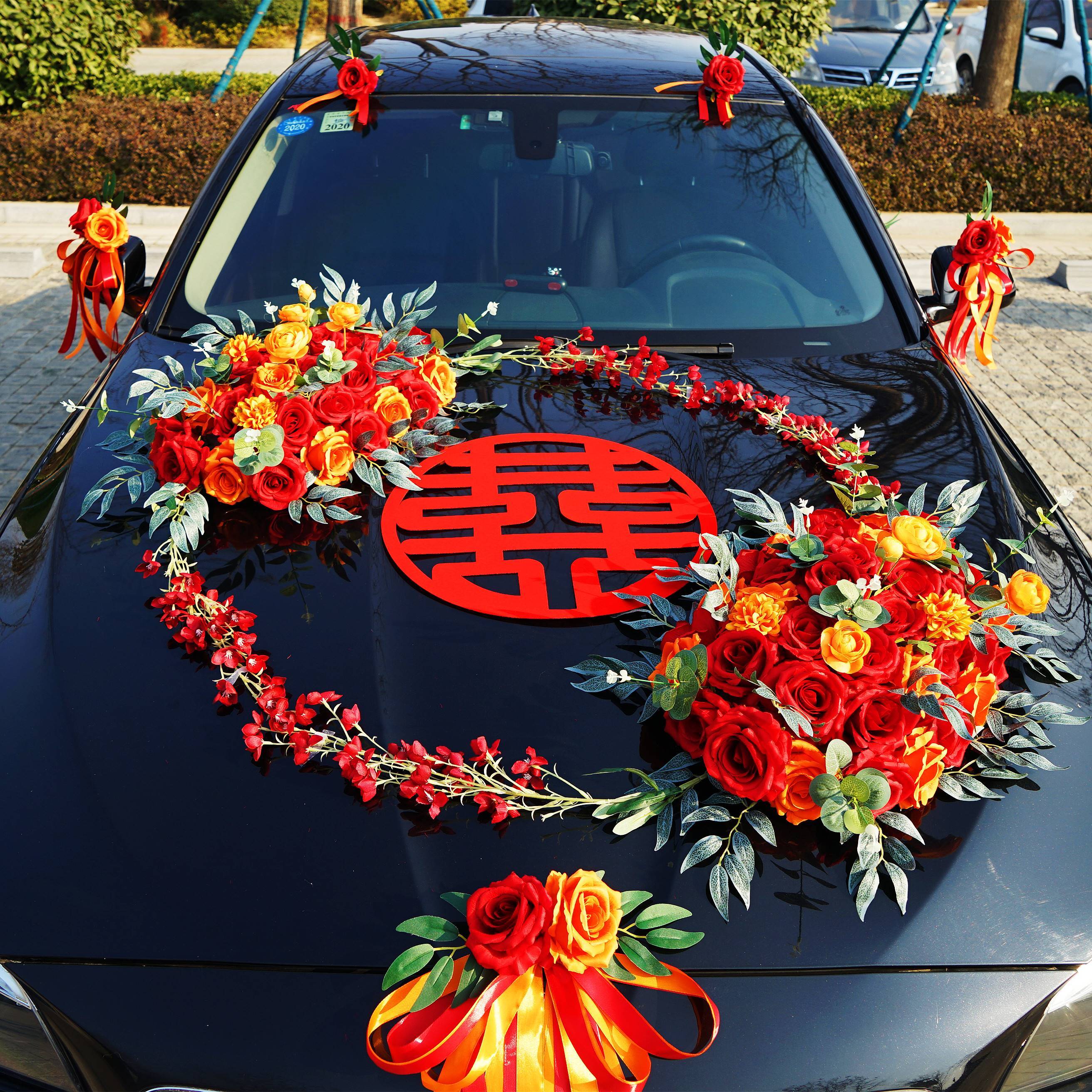 婚车头车装饰车队拉花套装仿真花高级感中式结婚花车布置创意迎亲