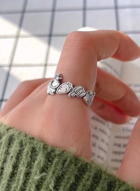 CRIVLA涂鸦卡通人物戒指女小众设计感复古时尚网红个性开口食指环