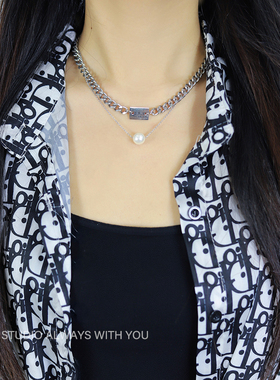 韩版珍珠钛钢ins潮风双层锁骨链