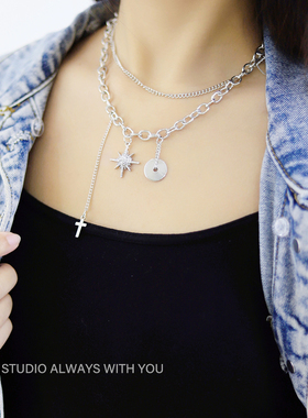 双层八芒星轻奢小众嘻哈锁骨项链