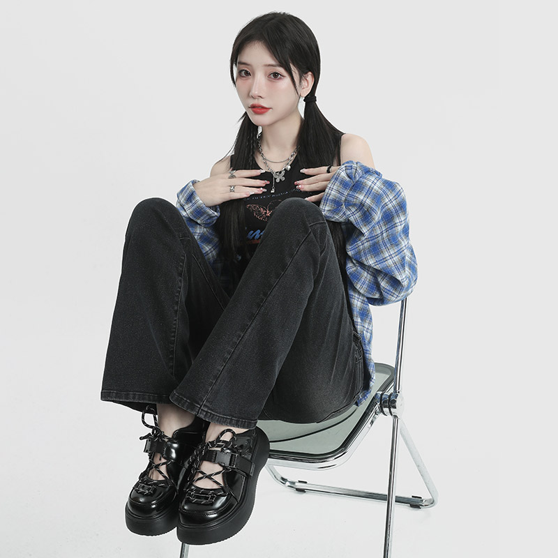 RNBN弹力高腰微喇牛仔裤女新款多口袋层次设计感修身显瘦喇叭裤子 - 图3