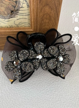 奈屿饰品精致太阳花满钻蝴蝶结网纱泡泡纱AB面抓夹女盘发头饰7cm