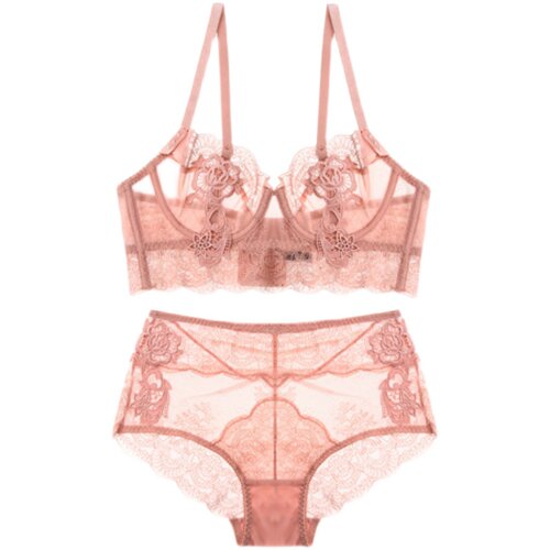 聚拢内衣女薄性感蕾丝刺绣无海绵胸罩上托防露点文胸套装大胸显小 - 图3