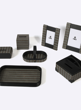 黑白编织皮革实木相框纸巾盒托盘