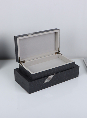 简约现代创意中式实木皮革首饰收纳盒客厅卧室样板间软装饰品摆件