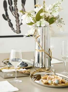 轻奢装饰品不锈钢银色椭圆长托盘银杏枝叶手柄水壶花瓶餐巾架摆件