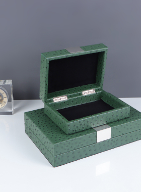 简约现代绿色鸵鸟纹皮革珠宝首饰收纳盒样板间客厅卧室梳妆台饰品