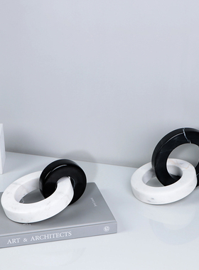 现代玄关大理石双扣圆环装饰摆件