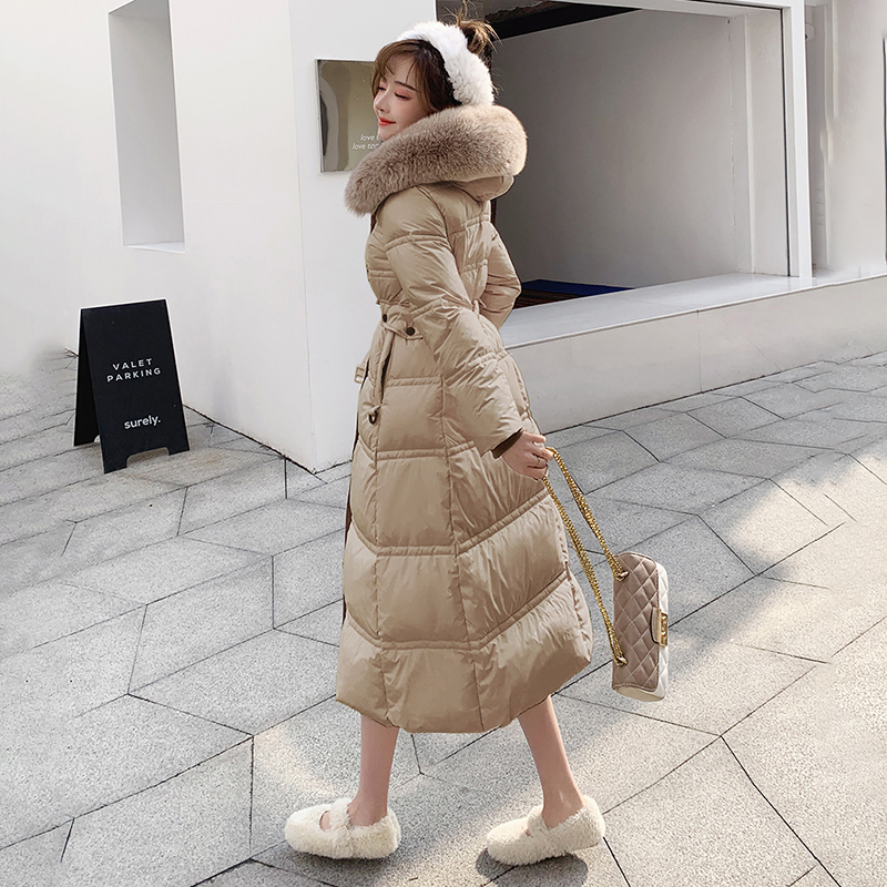 白鸭绒 2024冬新韩版羽绒服女 中长款过膝大毛领收腰修身外套 - 图0