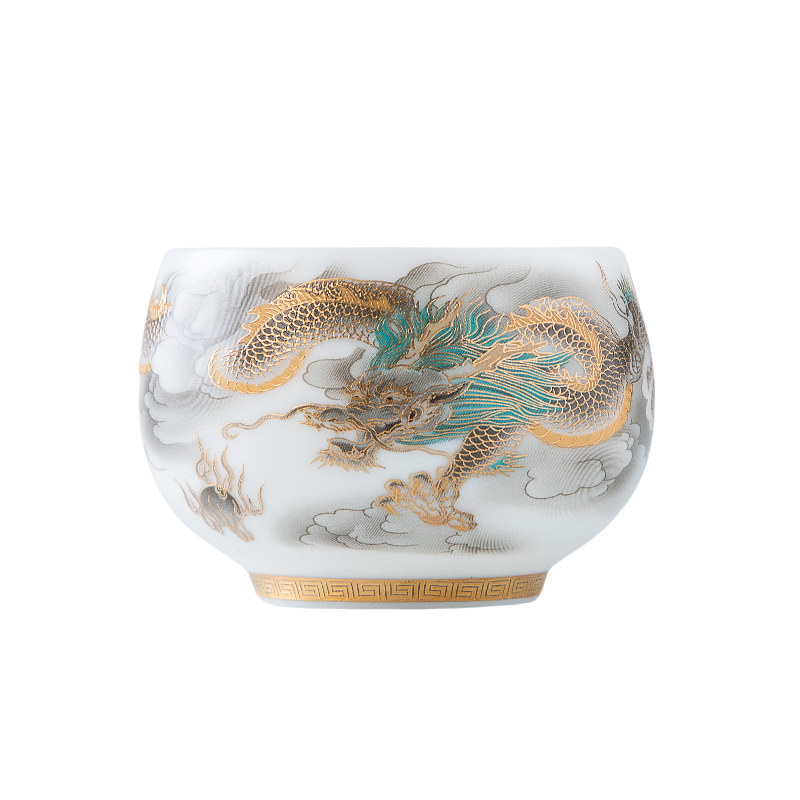 敦煌羊脂玉瓷金龙禅定杯主人杯茶杯礼盒龙凤对杯新婚礼品送长辈