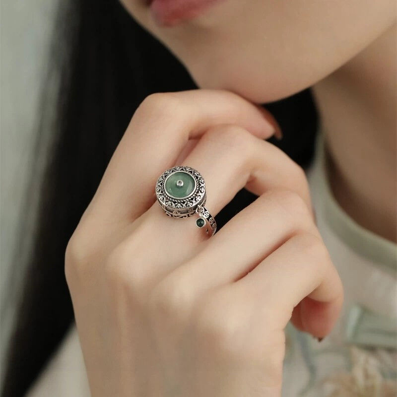 925银复古新中式莲花蓝水翡翠平安扣转动戒指环六字真言开口调节 - 图0