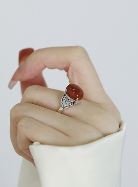 925银复古新中式荷叶莲蓬蛋面南红戒指环开口调节民族风女高级感