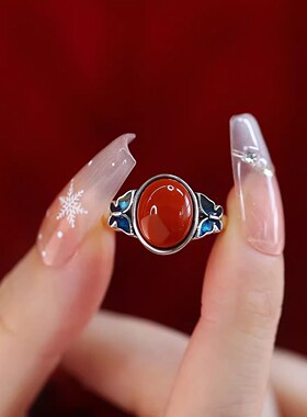 925银复古新中式景泰蓝蝴蝶南红蛋面戒指环开口调节气质轻奢百搭