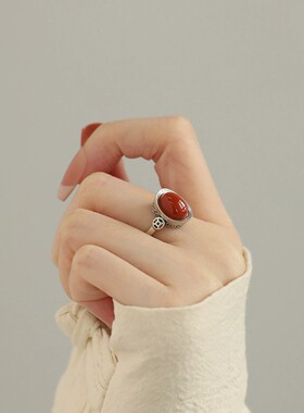 925银复古新中式元宝南红戒指环