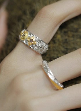 925银拼色四叶草老花唐草纹戒指