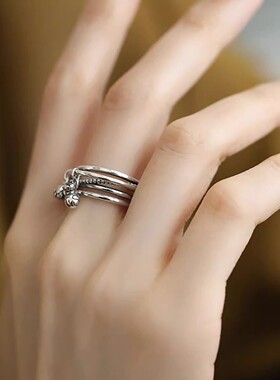 925银复古新中式多层素圈莲花莲蓬钱袋流苏戒指环开口调节