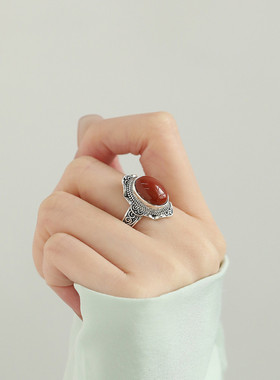 925银复古新中式椭圆蛋面南红戒指环开口调节做旧民族风女高级感