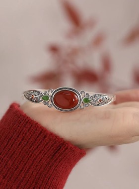 925银复古新中式蛋面南红手镯女