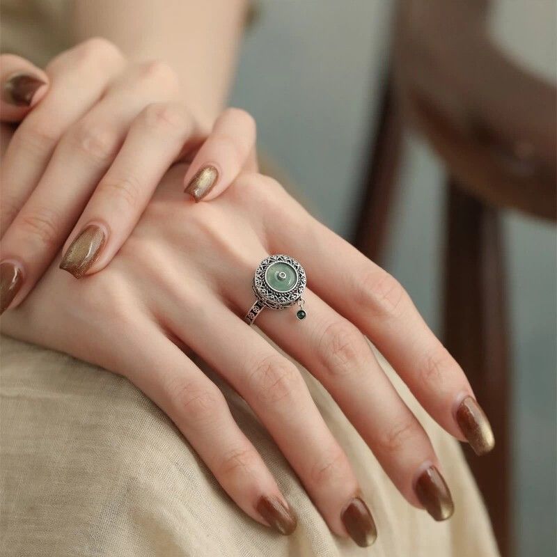 925银复古新中式莲花蓝水翡翠平安扣转动戒指环六字真言开口调节 - 图1