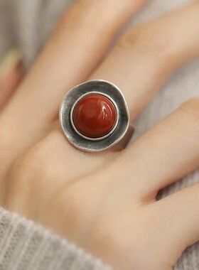 925银复古新中式圆盘南红戒指环开口调节精致做旧民族风简约女士