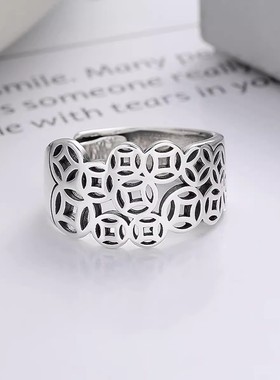 925银复古新中式多层镂空铜钱币戒指环开口调节做旧民族风女小众
