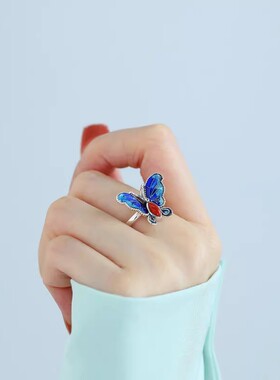 925银复古新中式景泰蓝滴釉烧蓝蝴蝶戒指环开口调节气质百搭女士