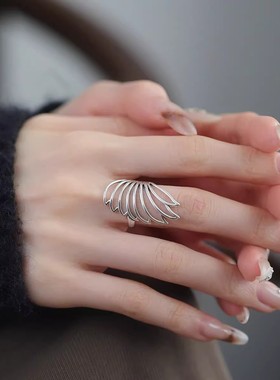925银复古新中式镂空翅膀戒指环开口调节精简百搭女士高级感小众