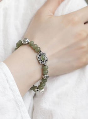925银复古中式和田玉算盘珠手链