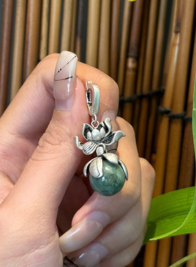925银复古做旧民族圆珠荷花吊坠