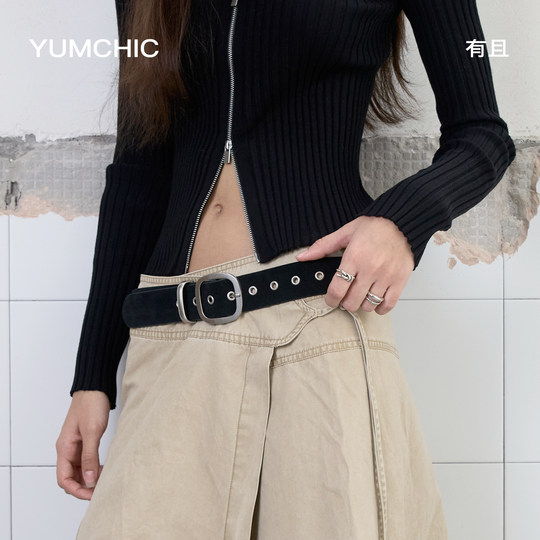 Retro frosted silver square buckle frosted belt versatile genuine leather belt for women casual denim skirt decoration