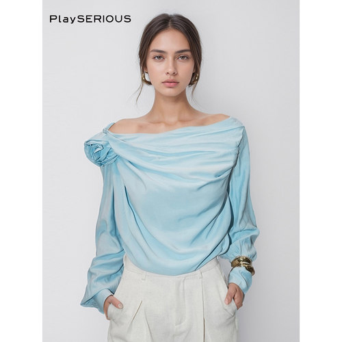 KIKI CHAU 2025早秋新款斜肩立体花朵宽松显瘦纯色衬衫女淡人百搭 - 图0