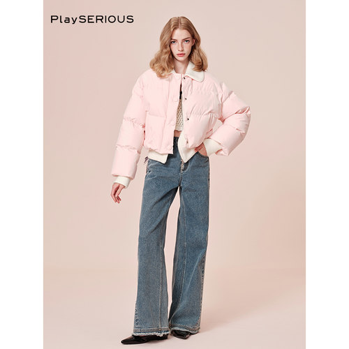 【张含韵同款】ROCHAROMMA 冬季针织拼接鹅绒羽绒服外套 - 图1