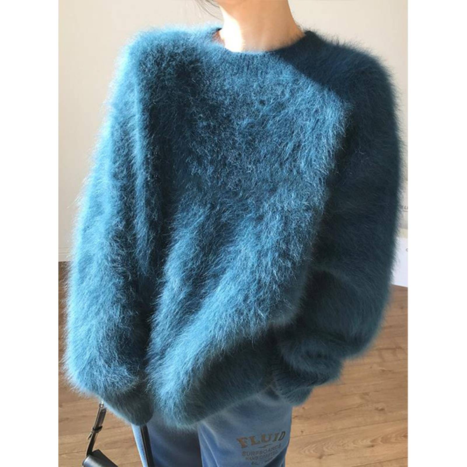 水貂绒软糯毛衣女士秋冬欧货慵懒针织衫圆领套头马海毛毛圆领上衣 - 图0