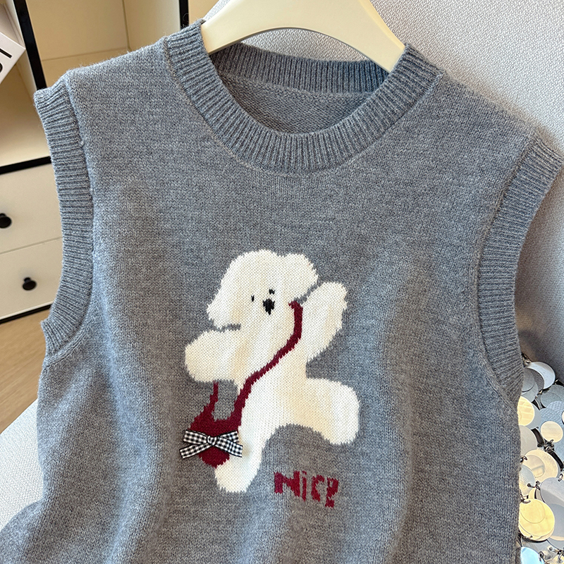 甜美撞色小熊软糯针织套头马甲女春秋减龄叠穿百搭超好看坎肩上衣 - 图3