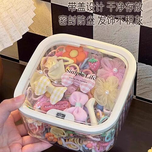 儿童发饰收纳盒桌面大容量带盖首饰盒女生皮筋头绳发夹萌粒整理盒 - 图1