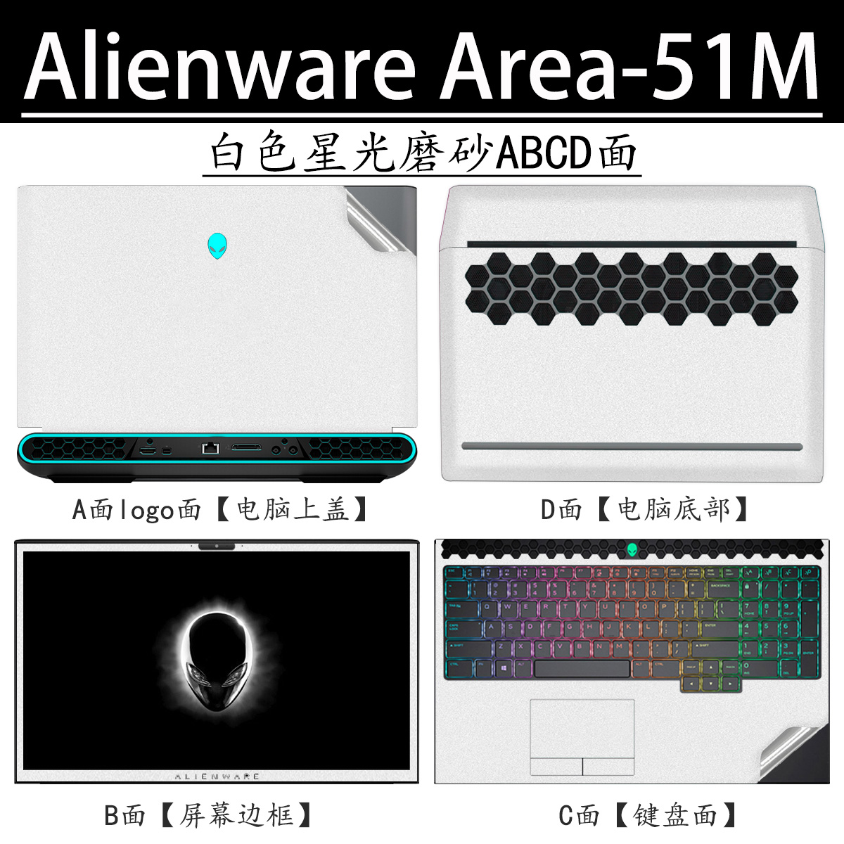 Alienware外星人Area-51m电脑贴膜贴纸R1R2笔记本外壳保护膜2019/20黑白色星空磨砂17.3英寸碳纤维哑光屏幕膜 - 图1