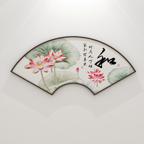 扇形客厅福字挂画花开富贵牡丹图新中式定做装饰画餐厅墙画壁画 - 图0