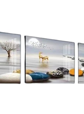 网红小晶装饰画沙发背景墙三联画客厅2022挂画轻奢新款墙画现代瓷