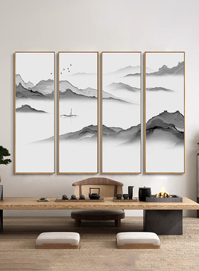 网红新中禅式装饰画客厅沙发背景墙面茶室挂画意四联山水画办室公