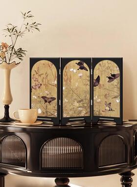 中古风花鸟墨竹折叠屏风桌面摆件新中式茶桌客厅餐边柜斗柜小摆画