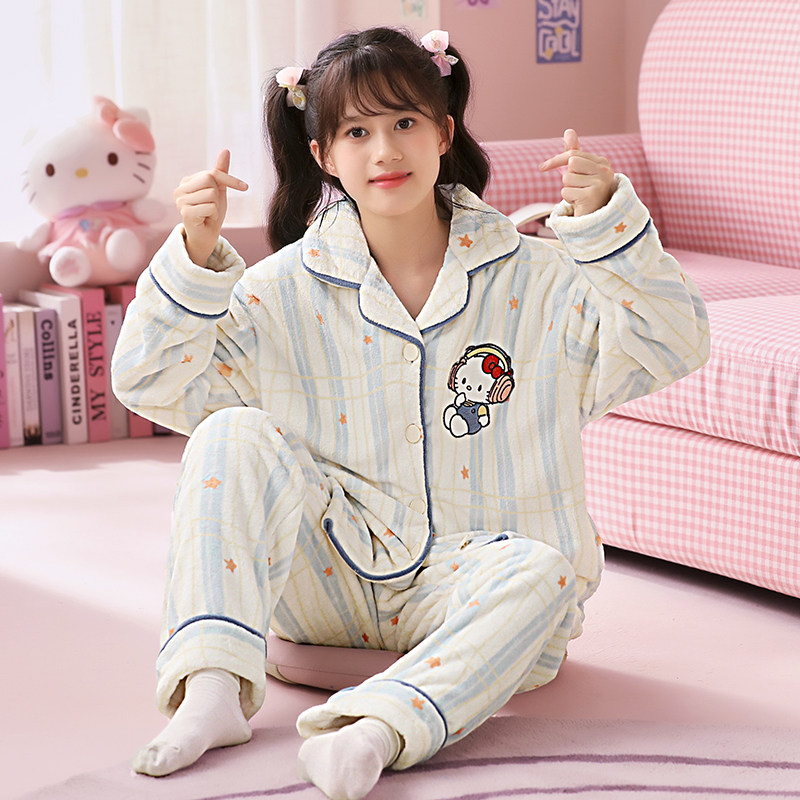 儿童法兰绒睡衣女童秋冬季开衫家居服女孩宝宝加厚款珊瑚保暖套装,淘宝优惠券,粉丝福利购,淘宝优惠卷