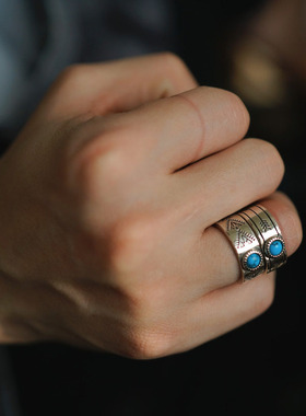 925纯银绿松石印第安の花纹图腾开口做旧美式风格戒指情侣