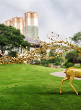 不锈钢镂空梅花鹿雕塑长角鹿摆件酒店大堂售楼处足浴艺术装饰美陈