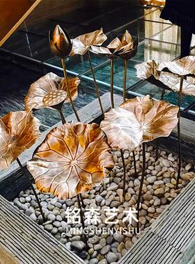 仿真古铜色荷叶不锈钢荷花雕塑莲花铁艺金属摆件酒店水池水景装饰
