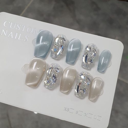 【秦时明月】新款水波纹猫眼纯手工穿戴甲美甲贴片高级感显白短梯 - 图1