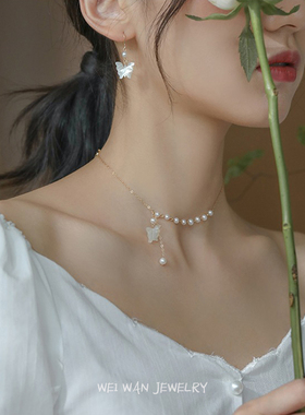 原创超仙蝴蝶天然白贝母淡水珍珠美国锁骨链choker颈链两戴