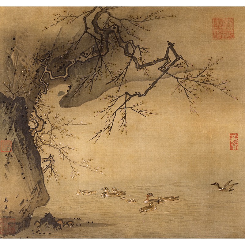 1:1宋马远《梅石溪凫图》国画高清复制工笔花鸟小品画稿临摹挂画