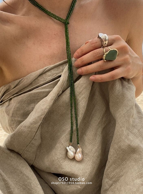 长款绿砂石巴洛克珍珠毛衣链