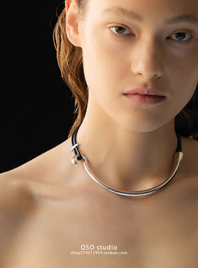 黑色羊皮飞鸟皮绳项圈女设计师银色项链小众高级感锁骨链